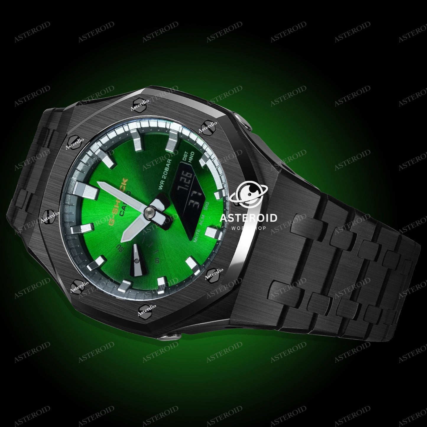 Black Case Metal Strap Double Sliver Time Mark Green Dial