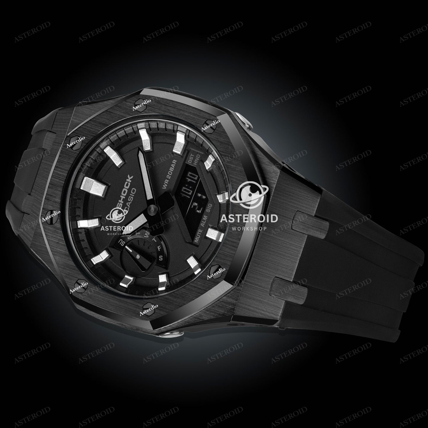 Black Case Rubber Strap Silver Time Mark Black Dial