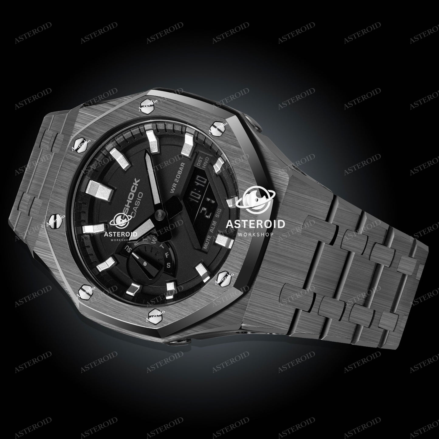 Grey Case Metal Strap Silver Time Mark Black Dial