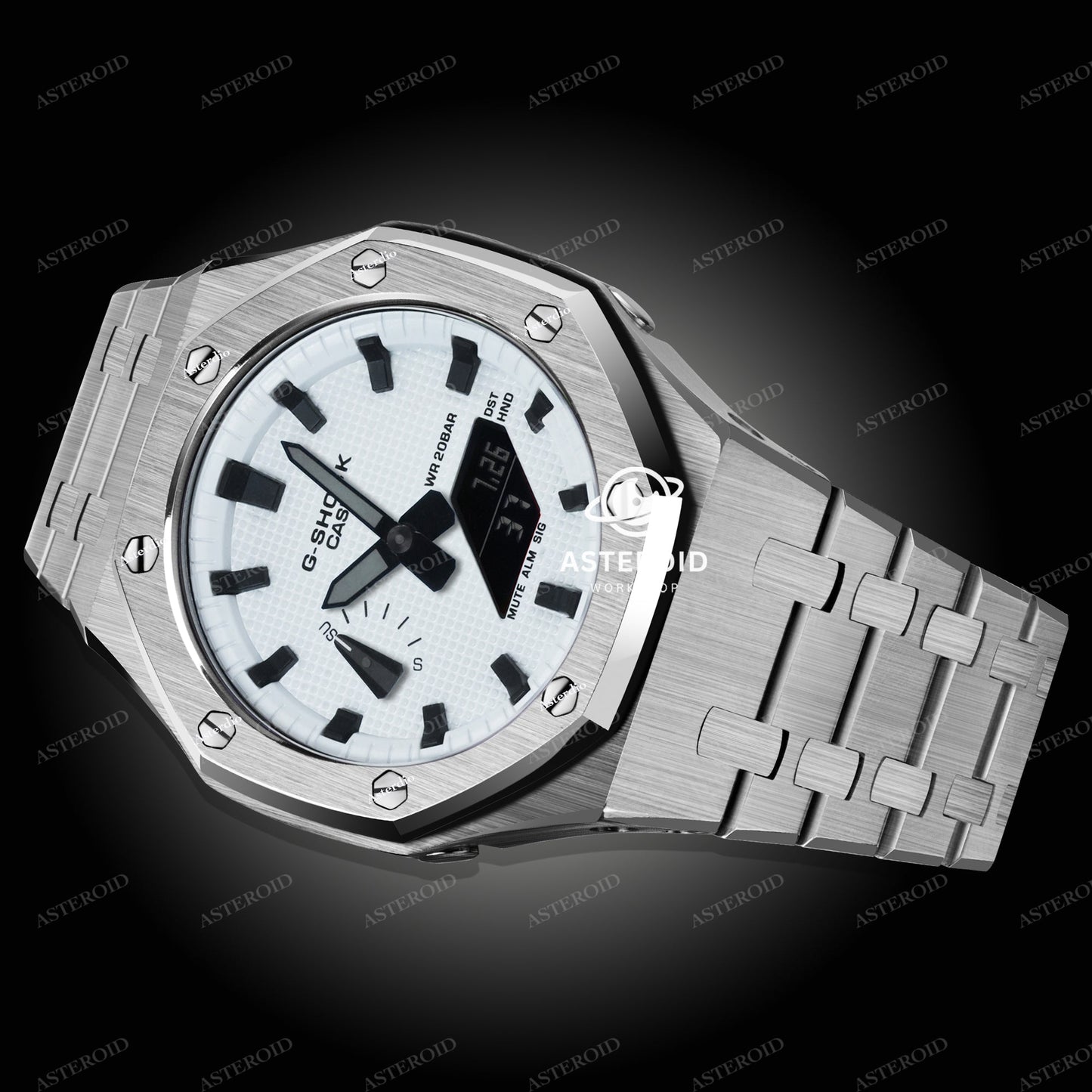 Silver Case Metal Strap White Black Time Mark White Dial