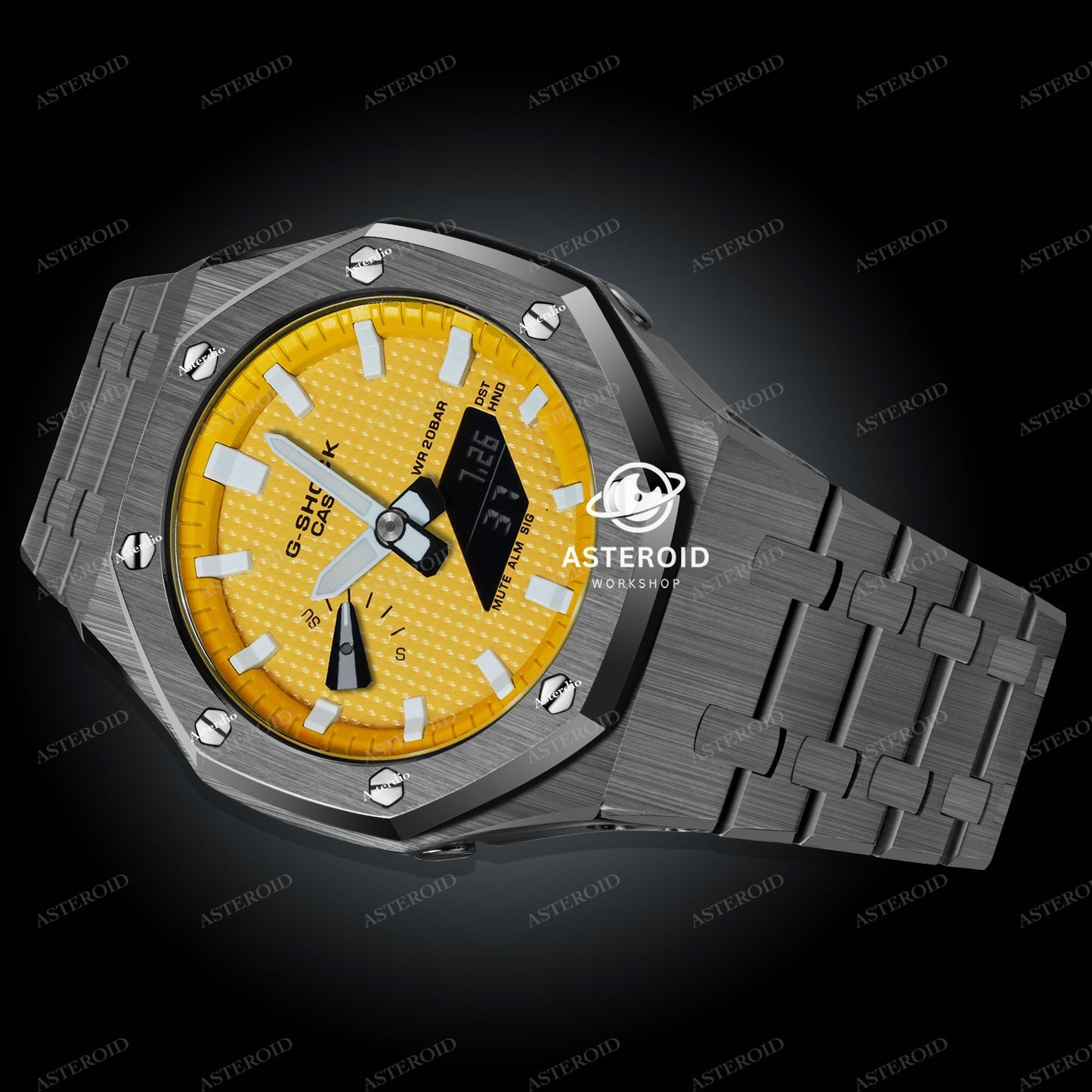 Grey Case Metal Strap Yellow White Time Mark Yellow Dial