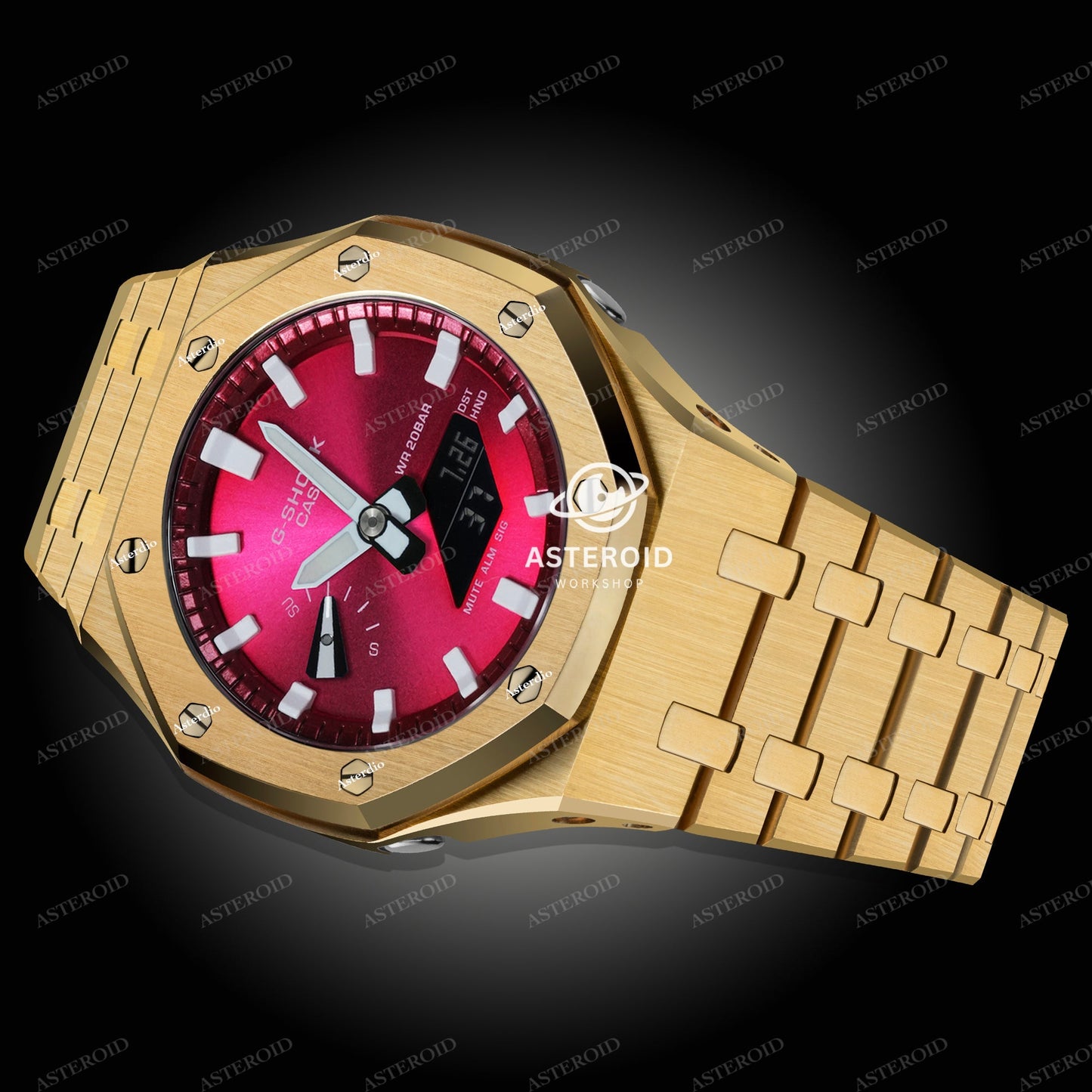 Gold Case Metal Strap Red White Time Mark Red Dial