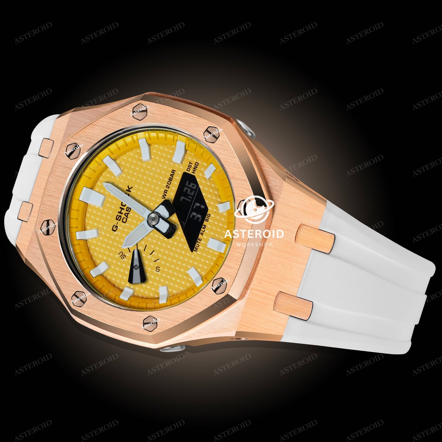 Rose Gold Case Rubber Strap Yellow White Time Mark Yellow Dial