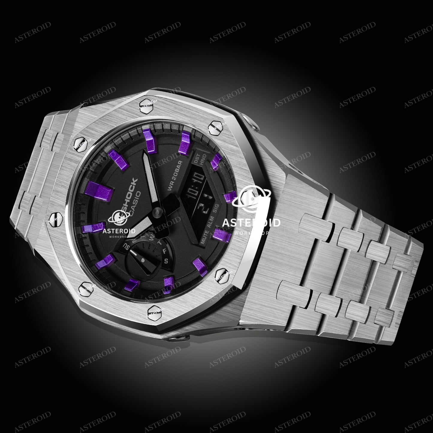 Silver Case Metal Strap Purple Time Mark Black Dial