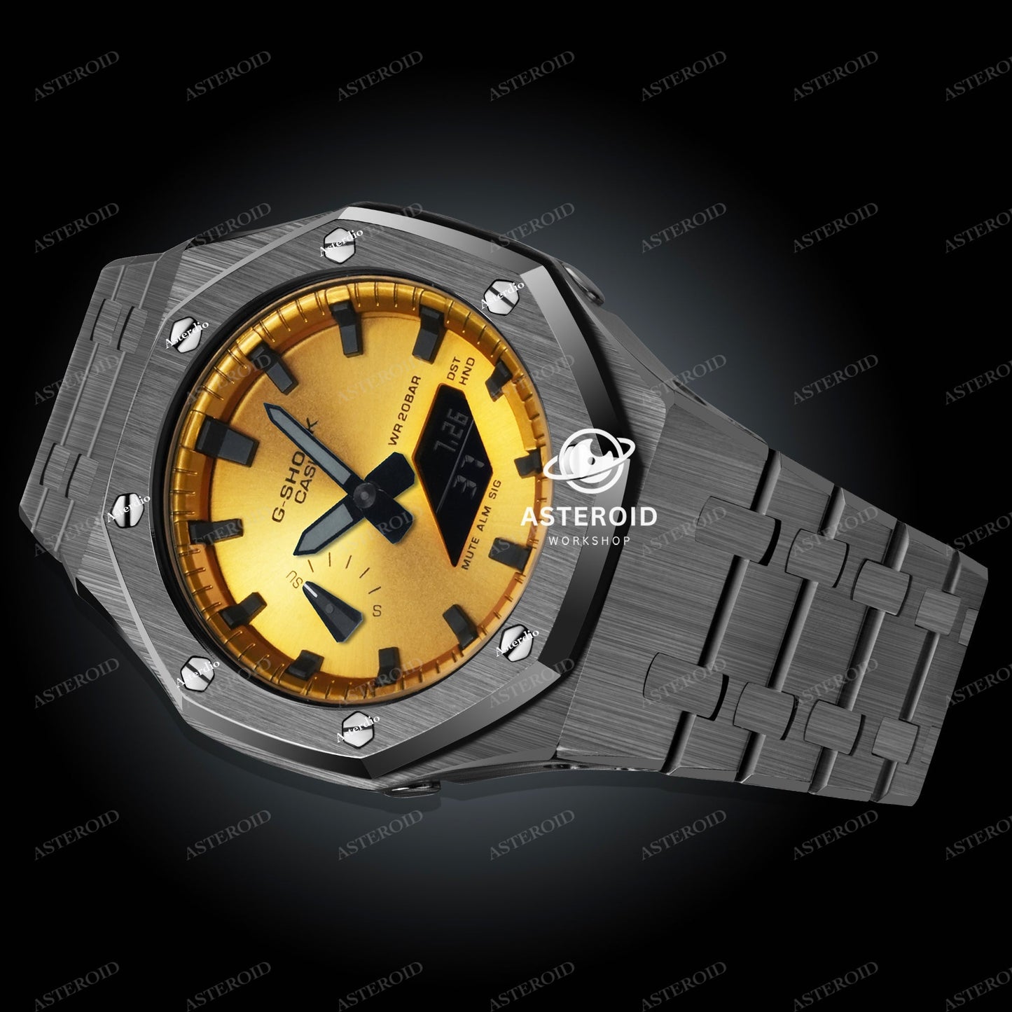 Grey Case Metal Strap Gold Black Time Mark Gold Dial