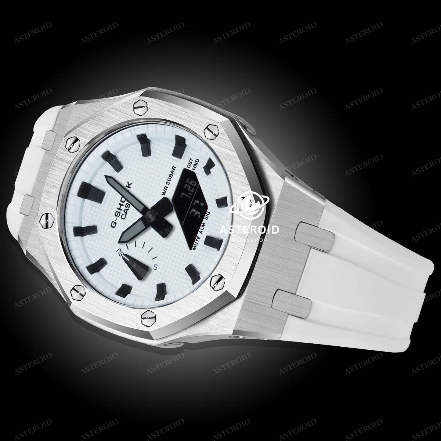 Silver Case Rubber Strap White Black Time Mark White Dial