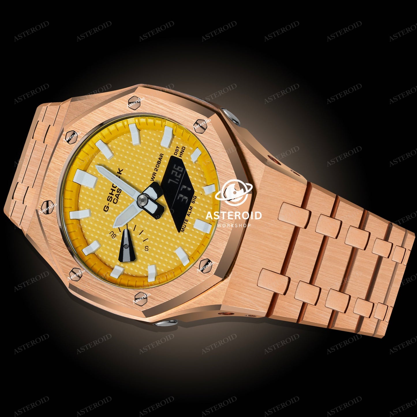 Rose Gold Case Metal Strap Yellow White Time Mark Yellow Dial