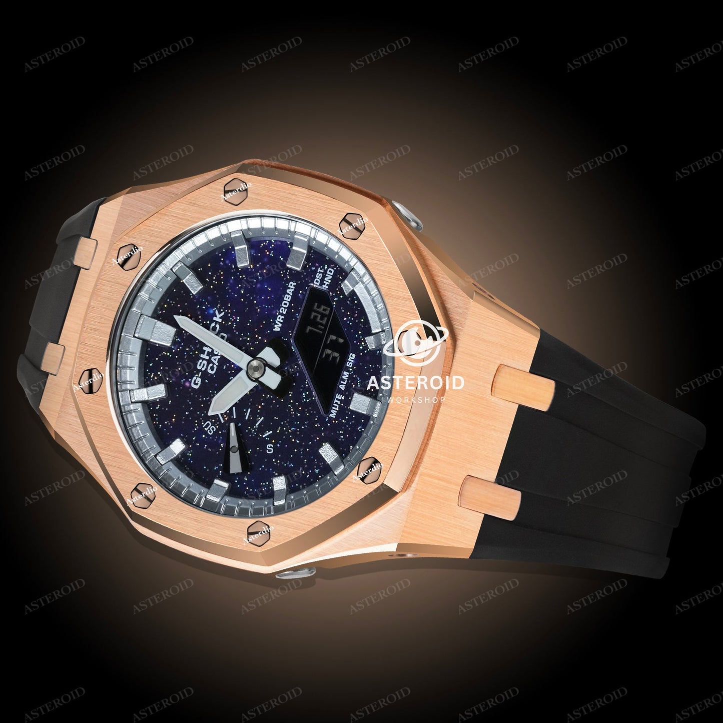 Rose Gold Case Rubber Strap Silver Time Mark Galaxy Dial