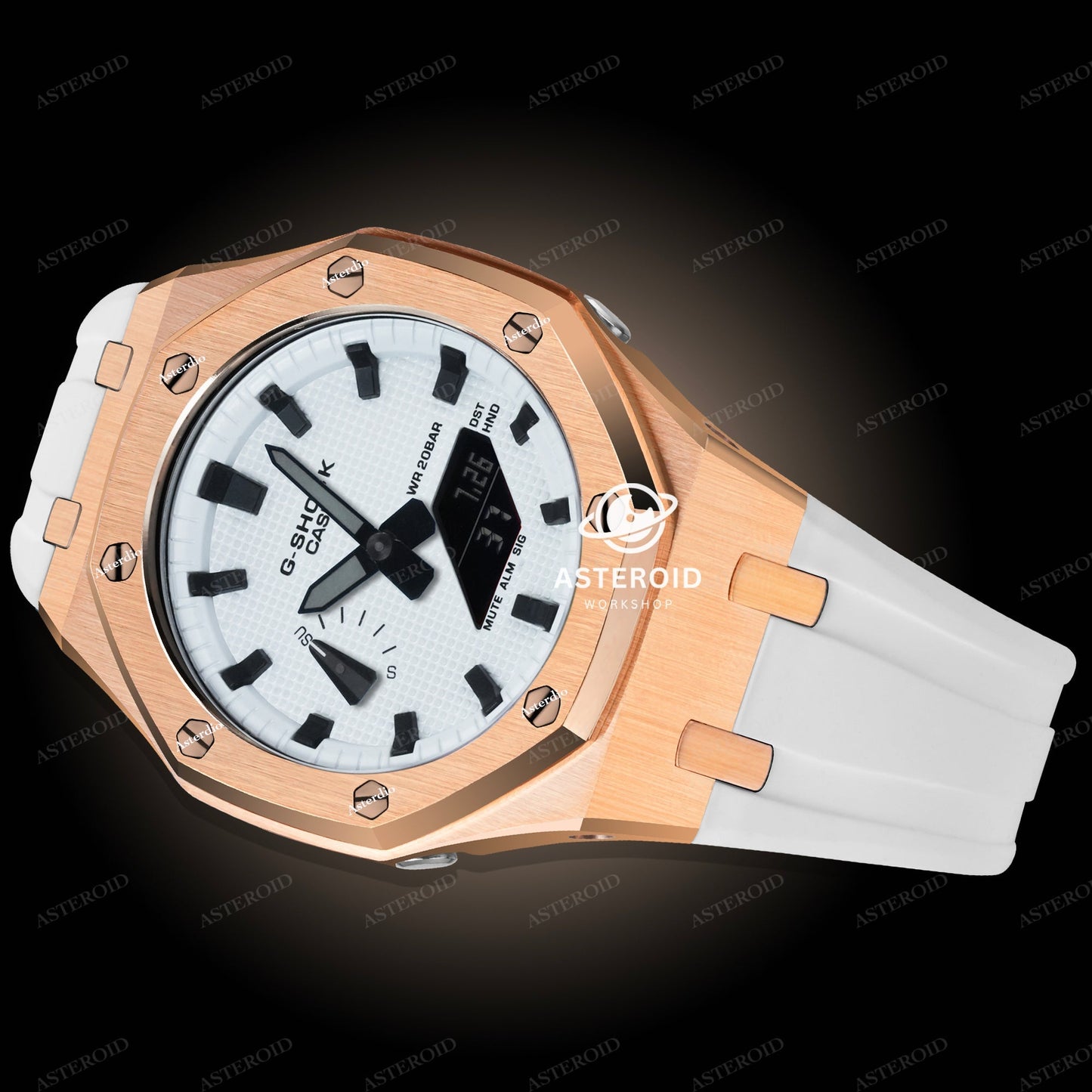 Rose Gold Case Rubber Strap White Black Time Mark White Dial