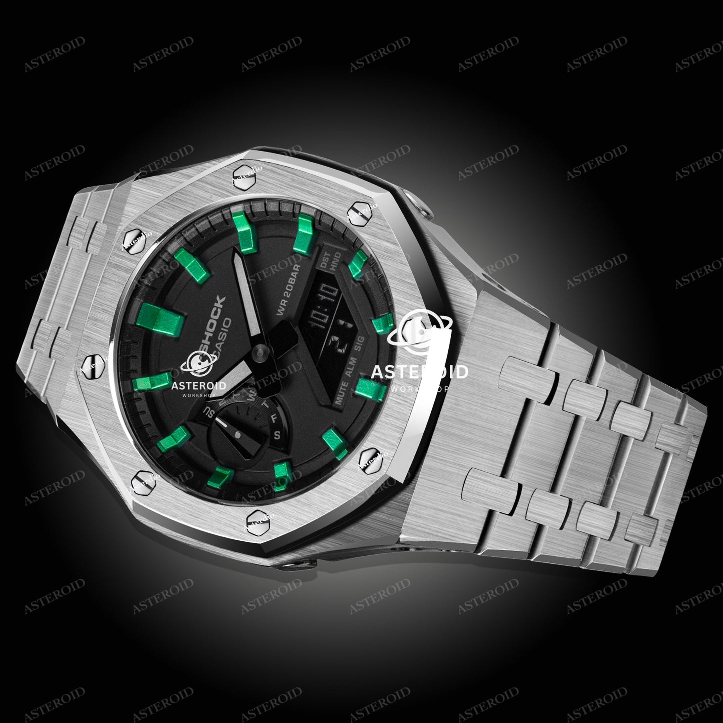 Silver Case Metal Strap Green Time Mark Black Dial