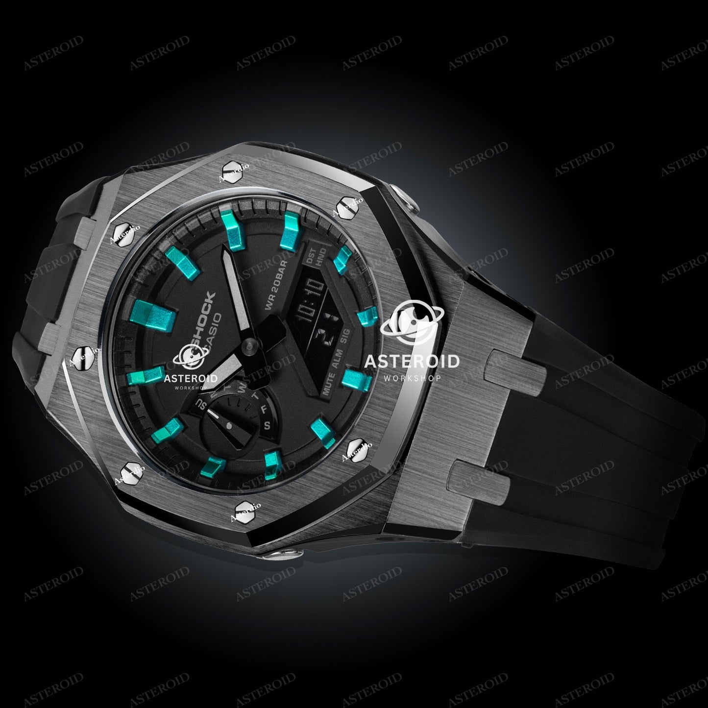 Grey Case Metal Strap Turquoise Time Mark Black Dial