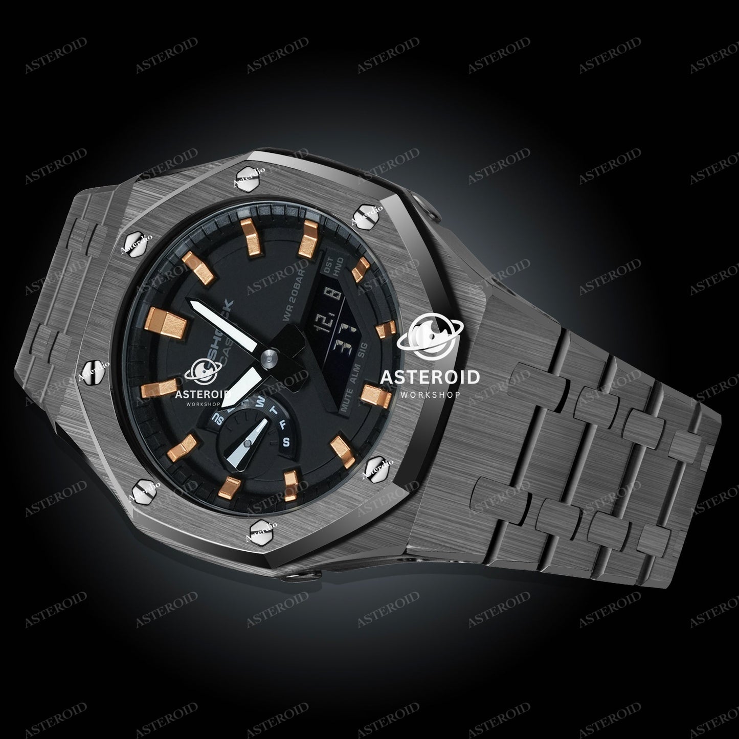 Grey Case Metal Strap Rose Gold Time Mark Black Dial