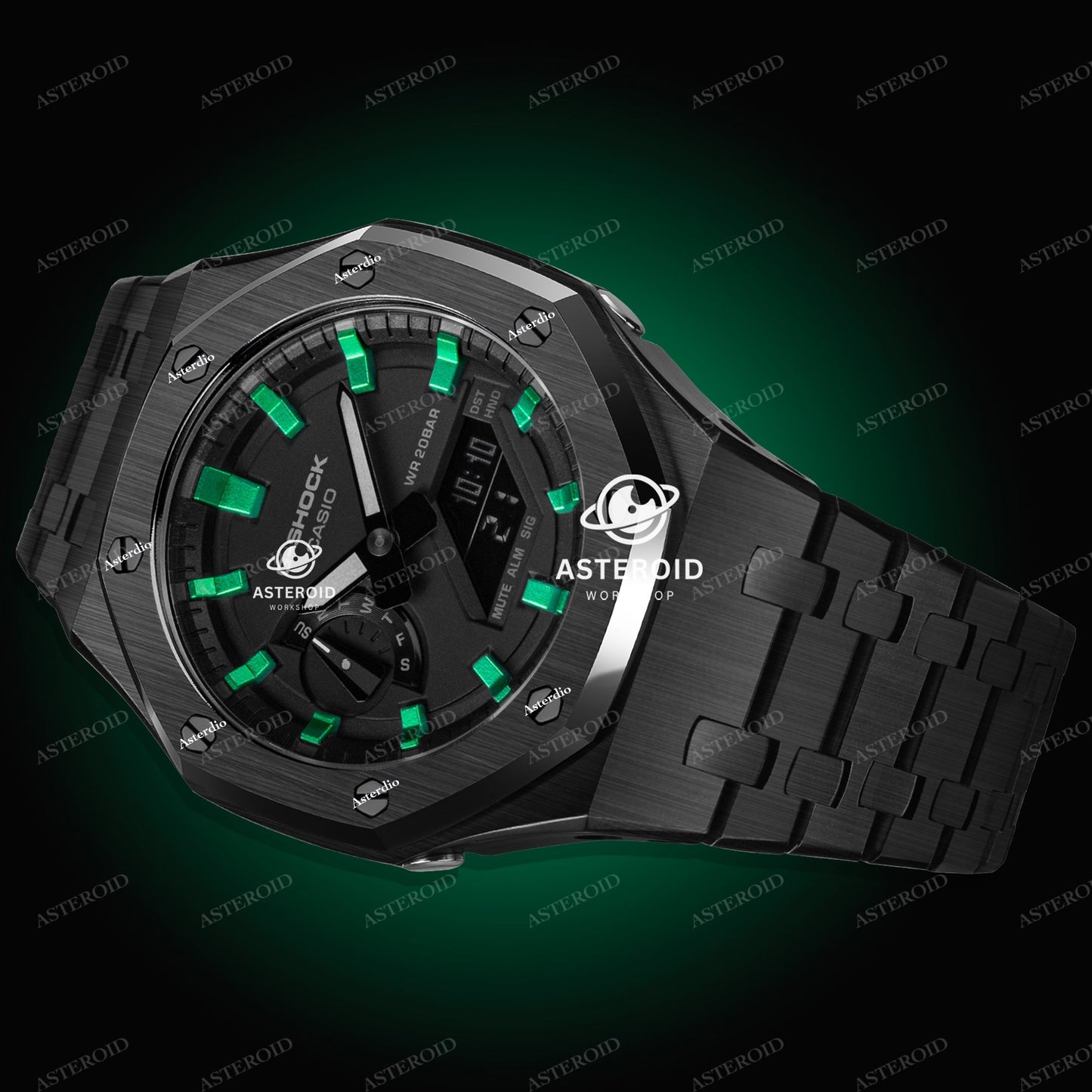 Black Case Metal Strap Green Time Mark Black Dial