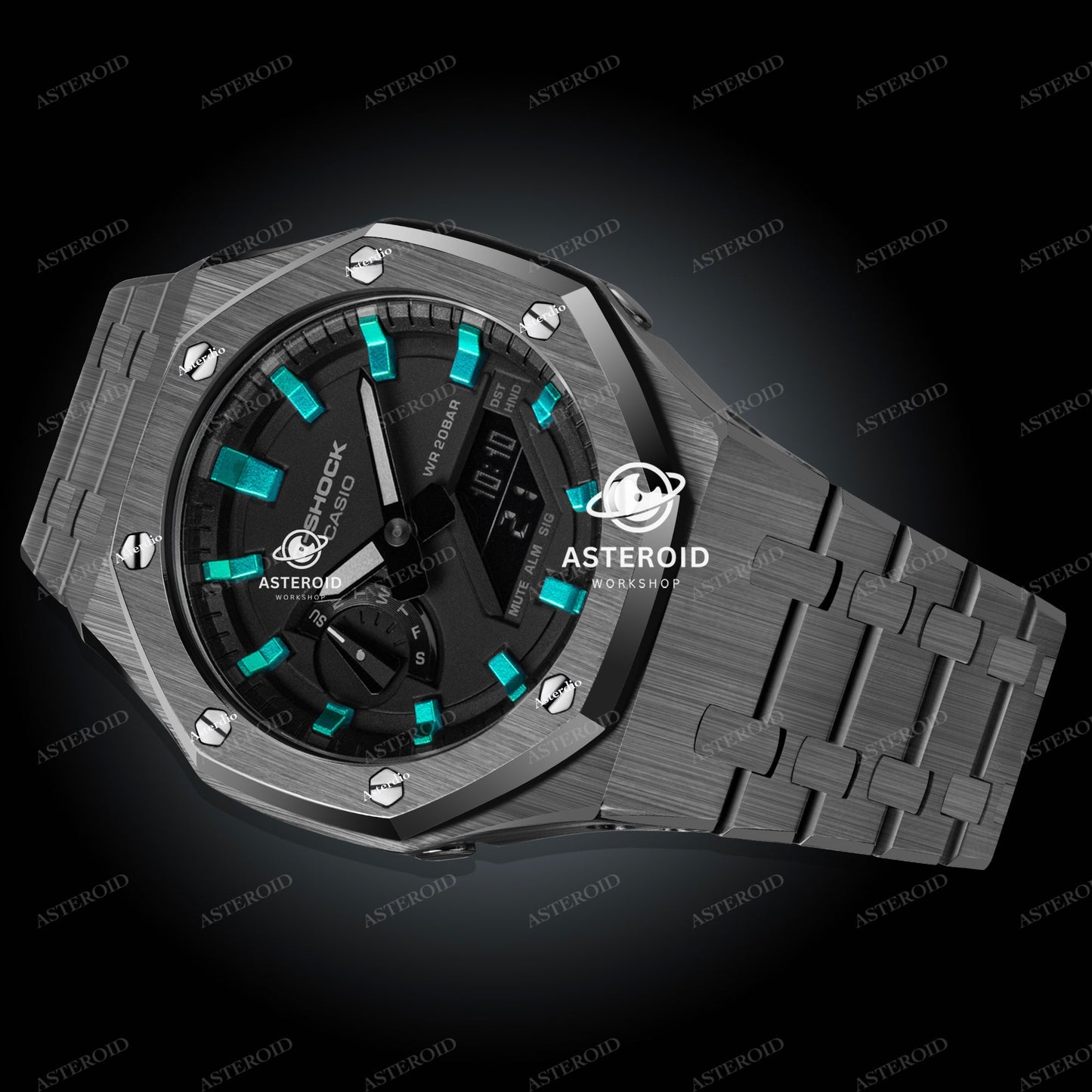 Grey Case Metal Strap Turquoise Time Mark Black Dial