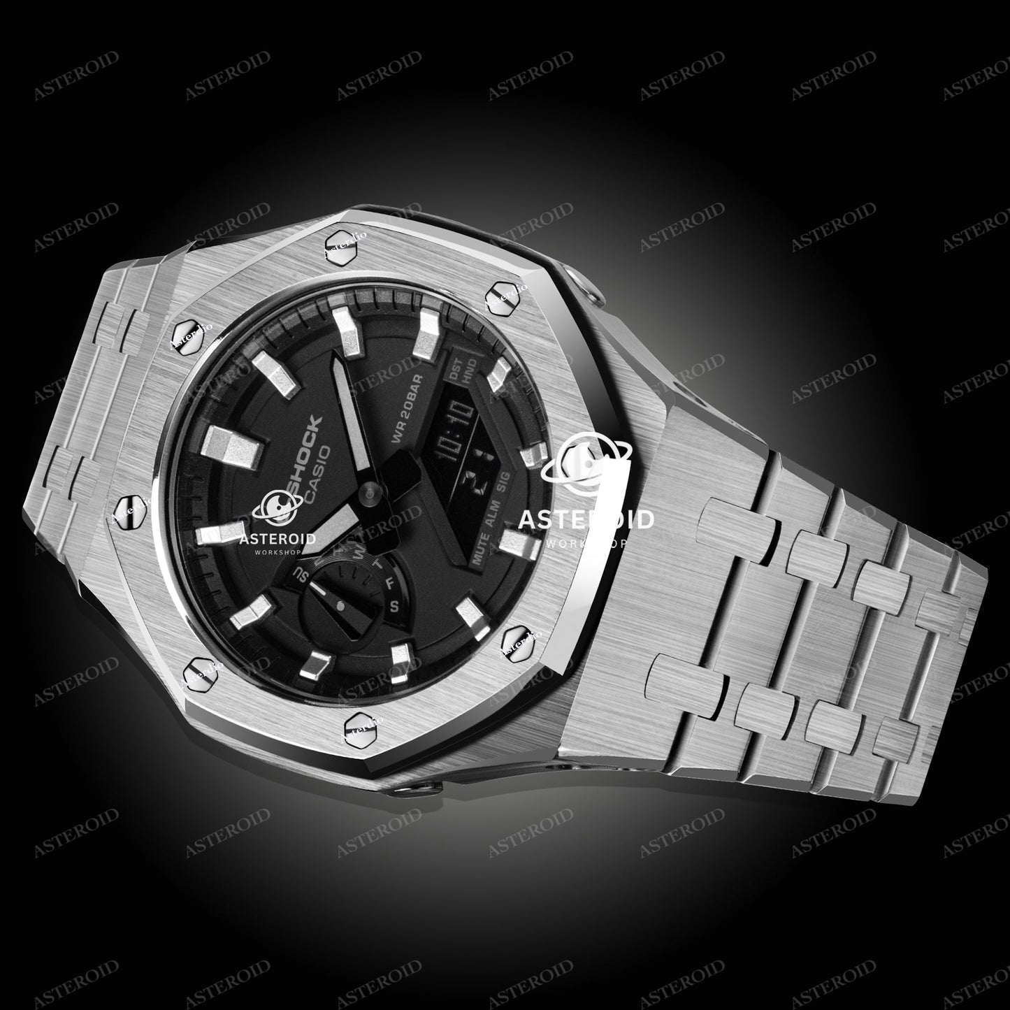 Silver Case Metal Strap Silver Time Mark Black Dial