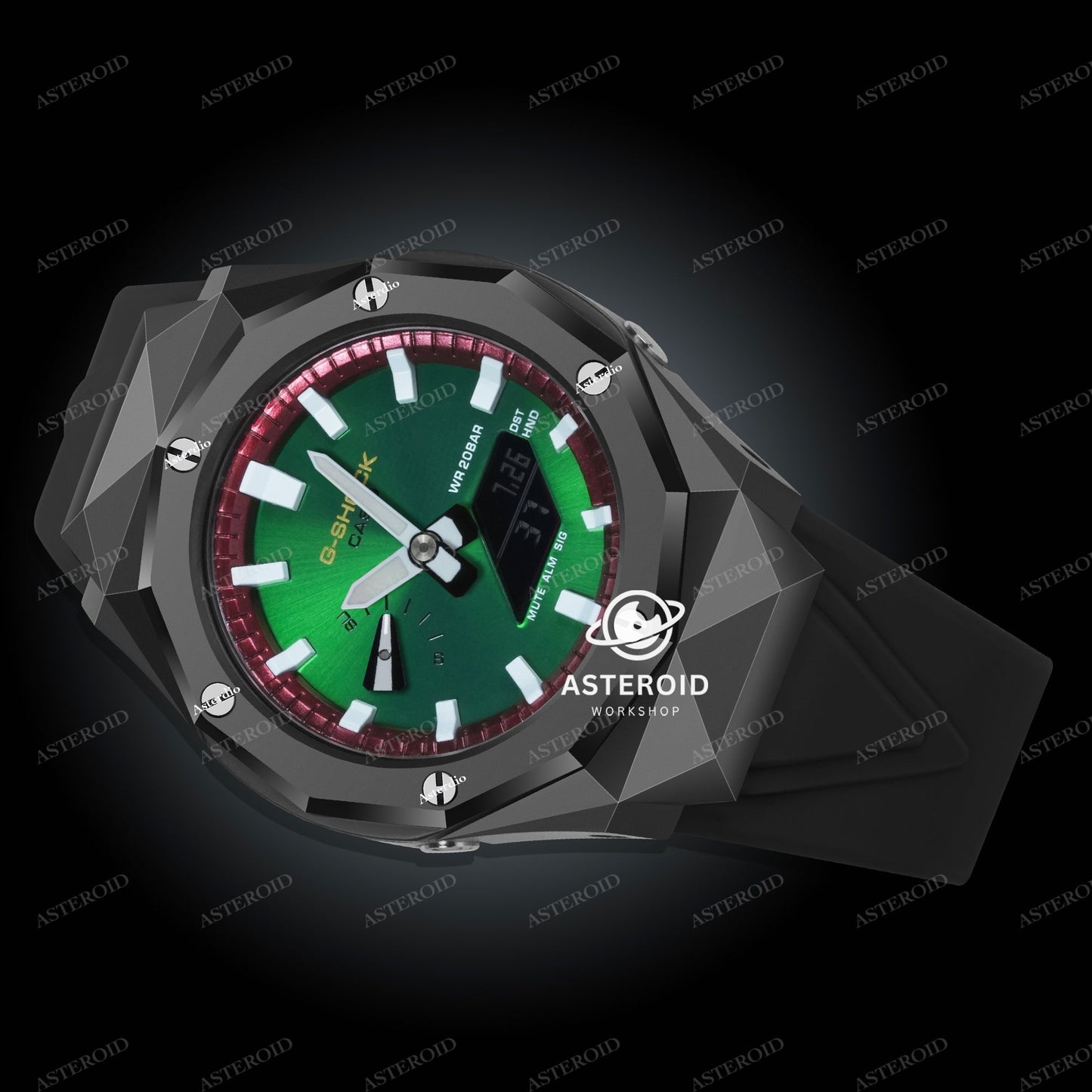 Black Case Black Strap Red White Time Mark Green Dial