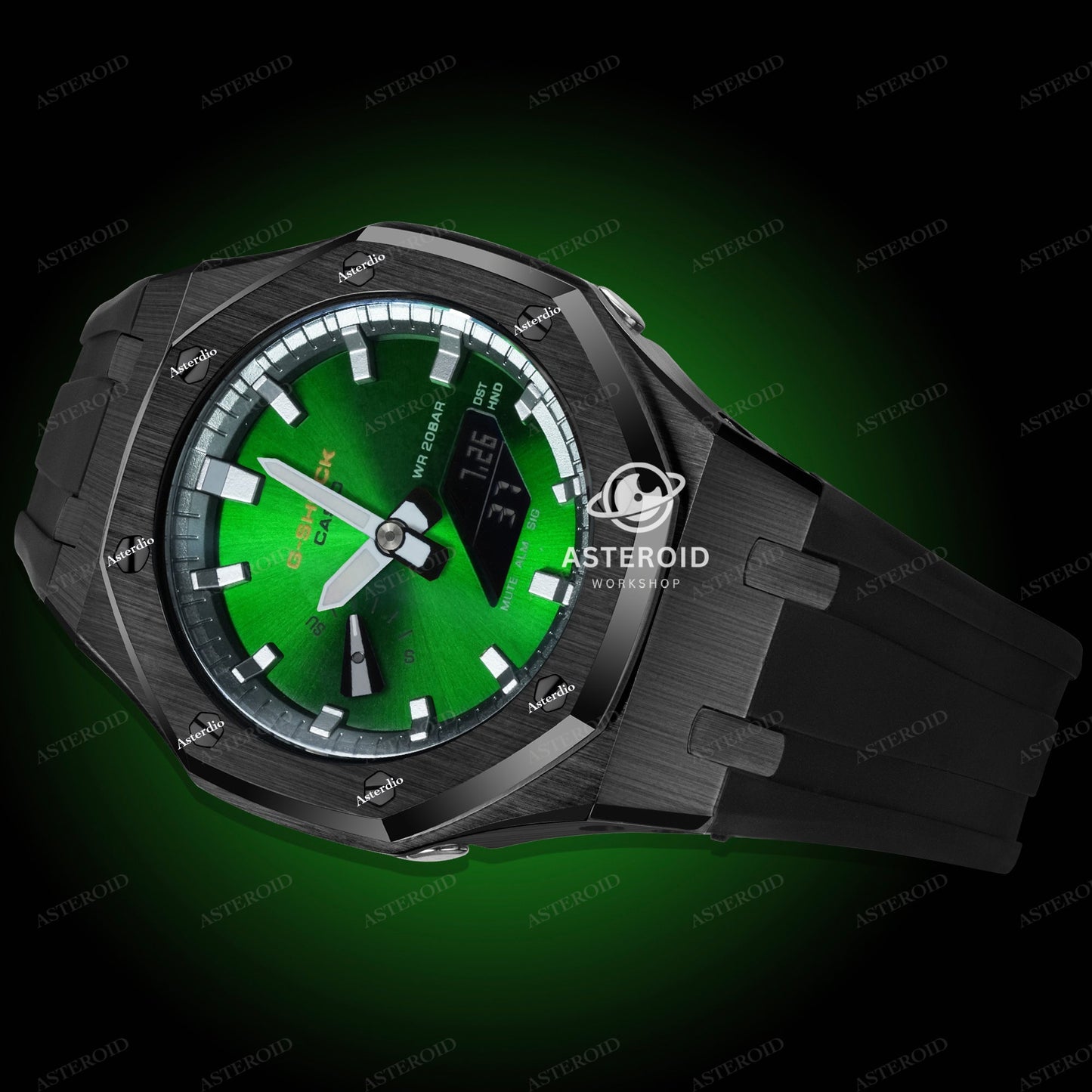 Black Case Black Strap Double Sliver Time Mark Green Dial