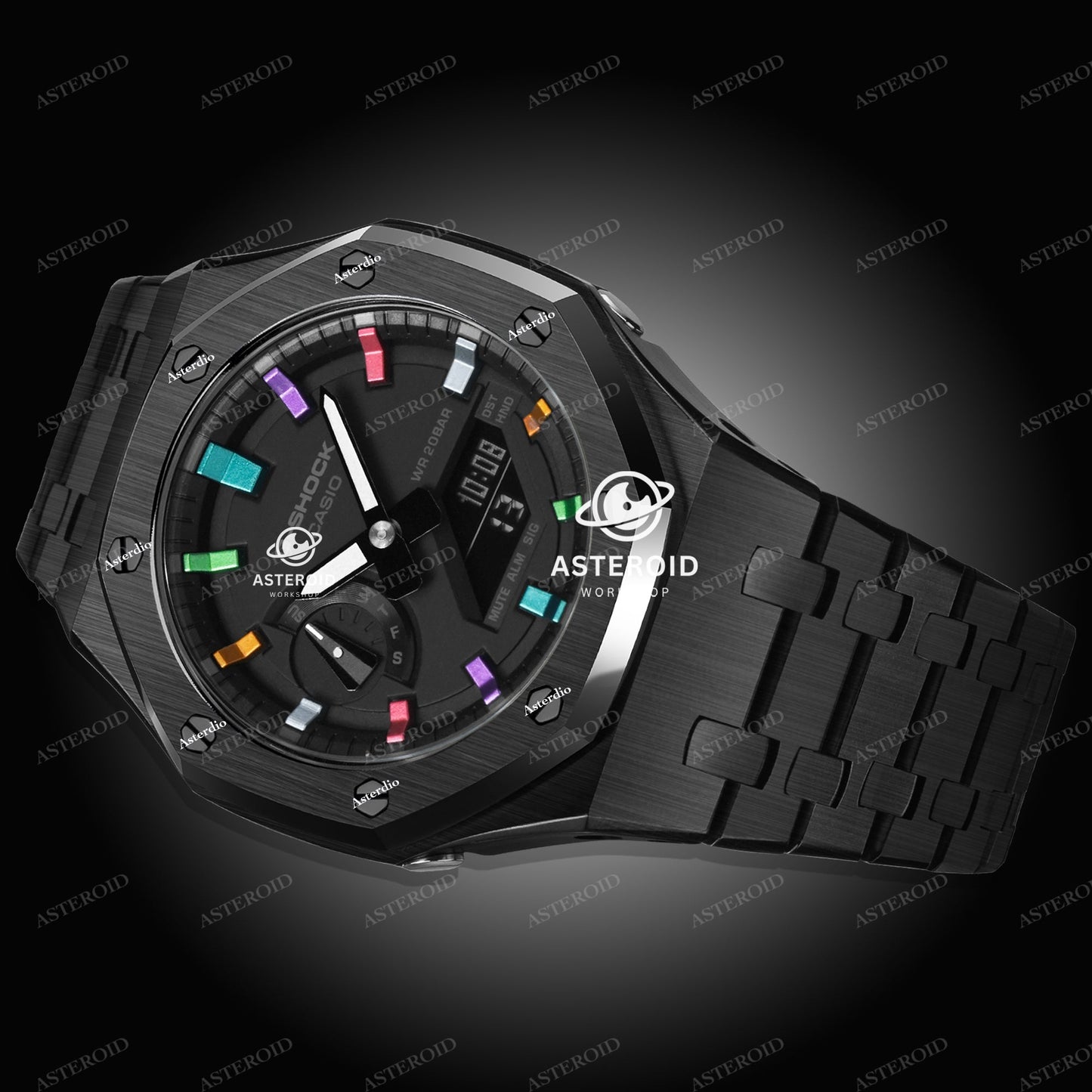 Black Case Metal Strap Rainbow Time Mark Black Dial