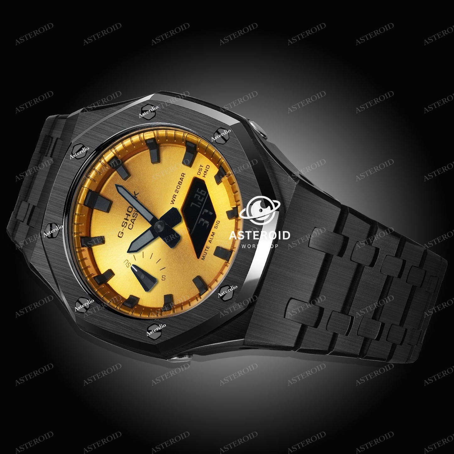 Black Case Metal Strap Gold Black Time Mark Gold Dial