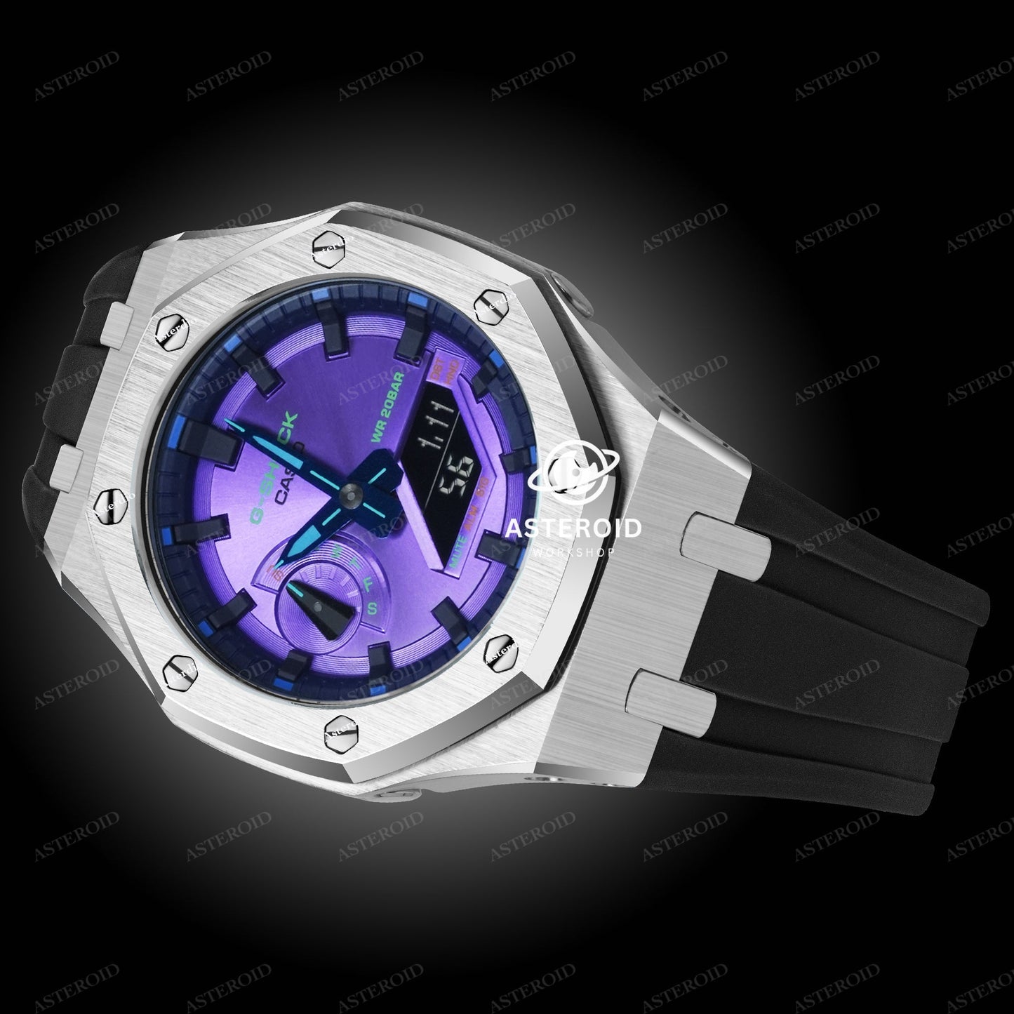 Silver Case Black Strap Original Time Mark Purple Dial