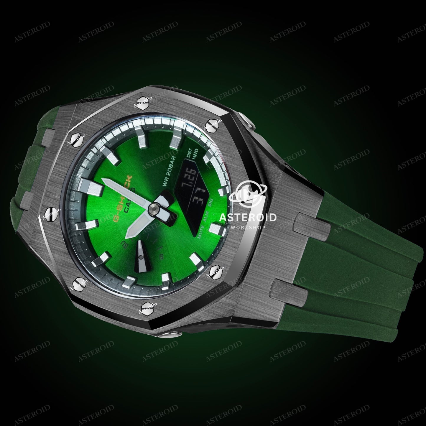 Grey Case Green Strap Double Sliver Time Mark Green Dial