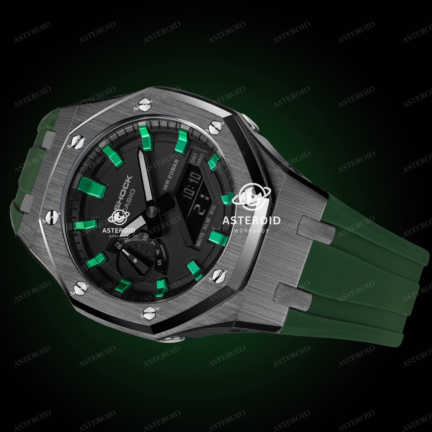 Grey Case Rubber Strap Green Time Mark Black Dial