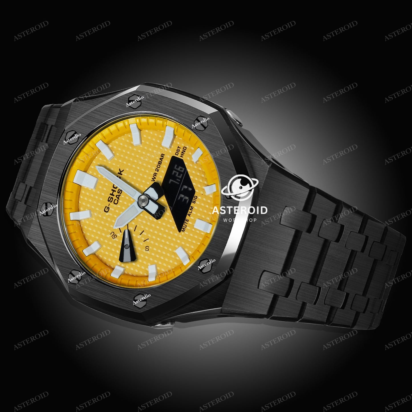 Black Case Metal Strap Yellow White Time Mark Yellow Dial