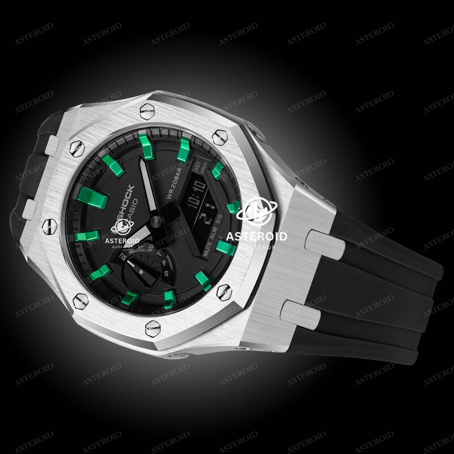 Silver Case Rubber Strap Green Time Mark Black Dial