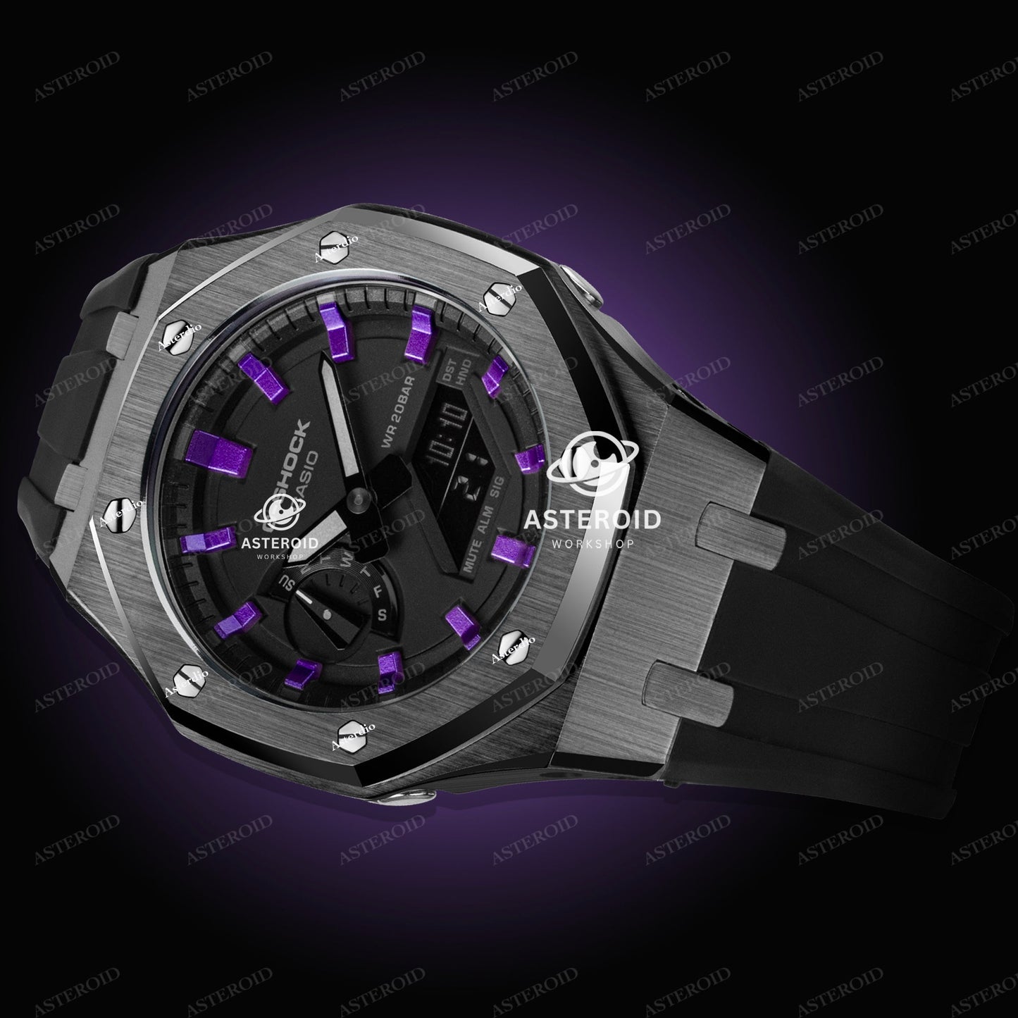 Grey Case Rubber Strap Purple Time Mark Black Dial