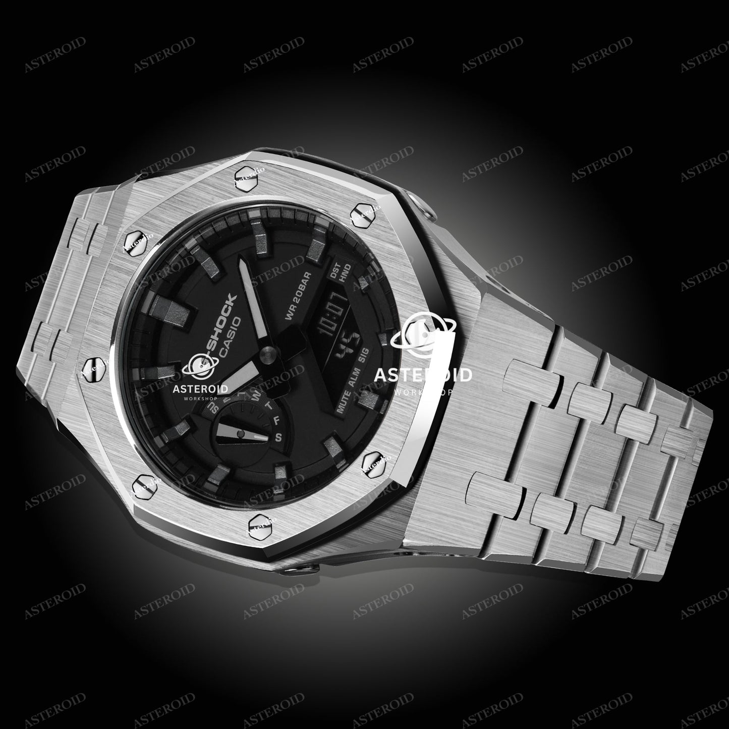 Silver Case Metal Strap Meteorite Time Mark Black Dial