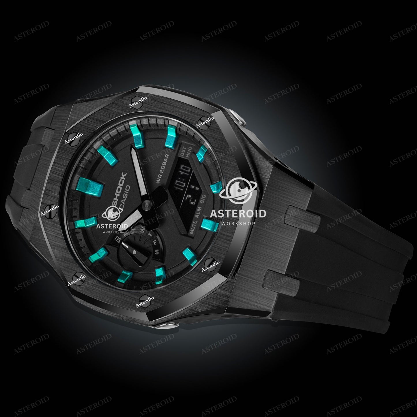 Black Case Rubber Strap Turquoise Time Mark Black Dial