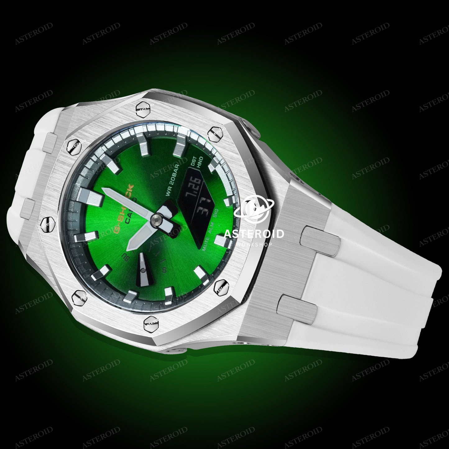 Silver Case White Strap Silver Time Mark Green Dial