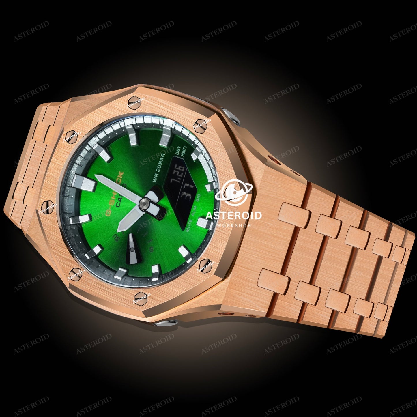 Rose Gold Case Metal Strap Double Sliver Time Mark Green Dial