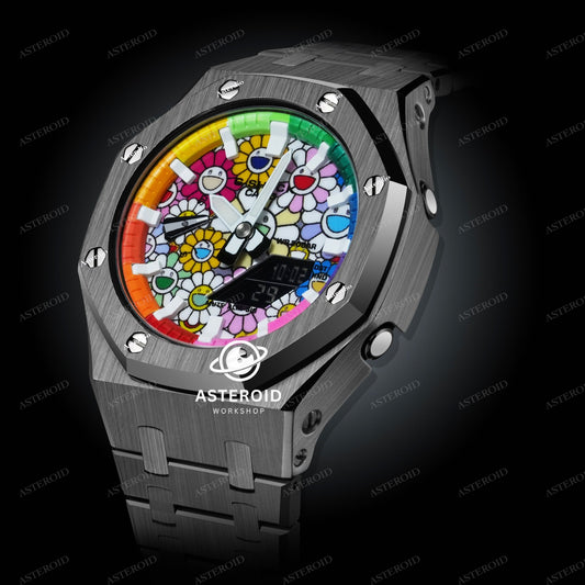 Grey Case Metal Strap Rainbow White Time Mark Takashi Murakami Dial