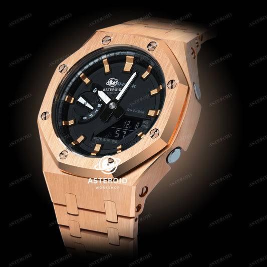 Rose Gold Case Metal Strap Rose Gold Time Mark Black Dial