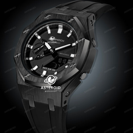 Black Case Rubber Strap Silver Time Mark Black Dial