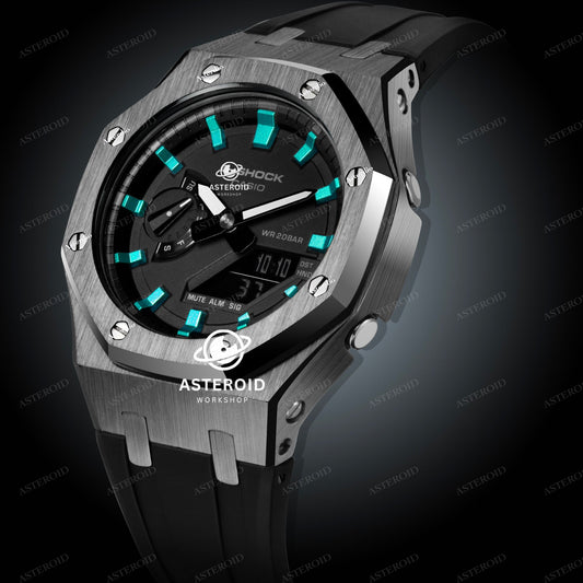 Grey Case Metal Strap Turquoise Time Mark Black Dial