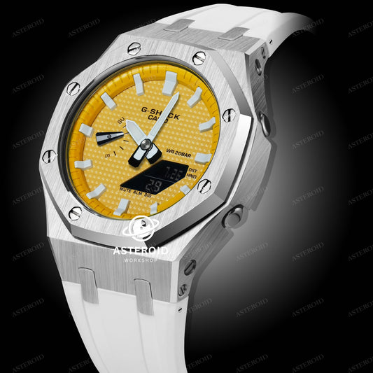 Silver Case Rubber Strap Yellow White Time Mark Yellow Dial