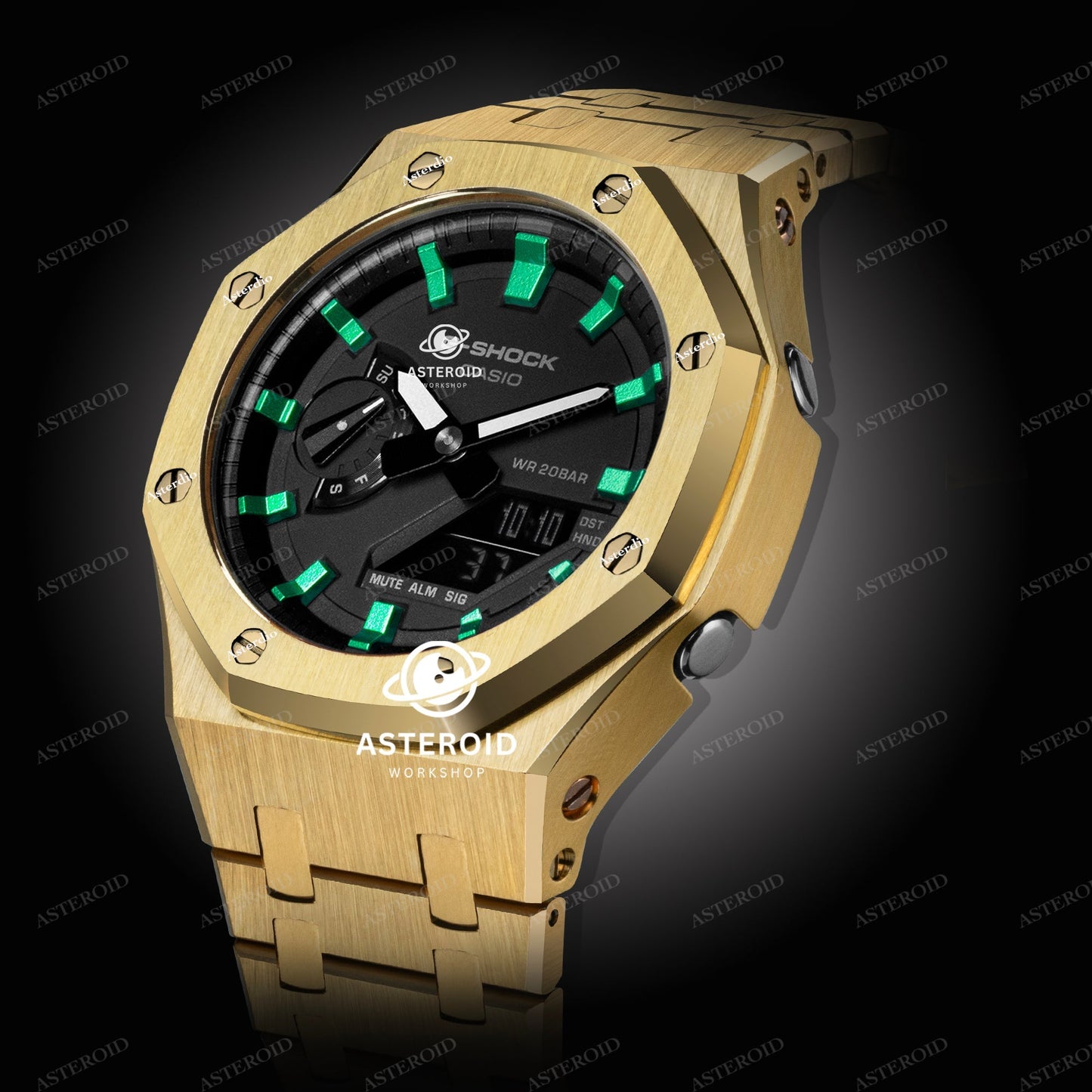 Gold Case Metal Strap Green Time Mark Black Dial