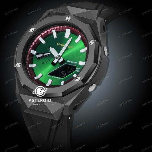 Black Case Black Strap Red White Time Mark Green Dial