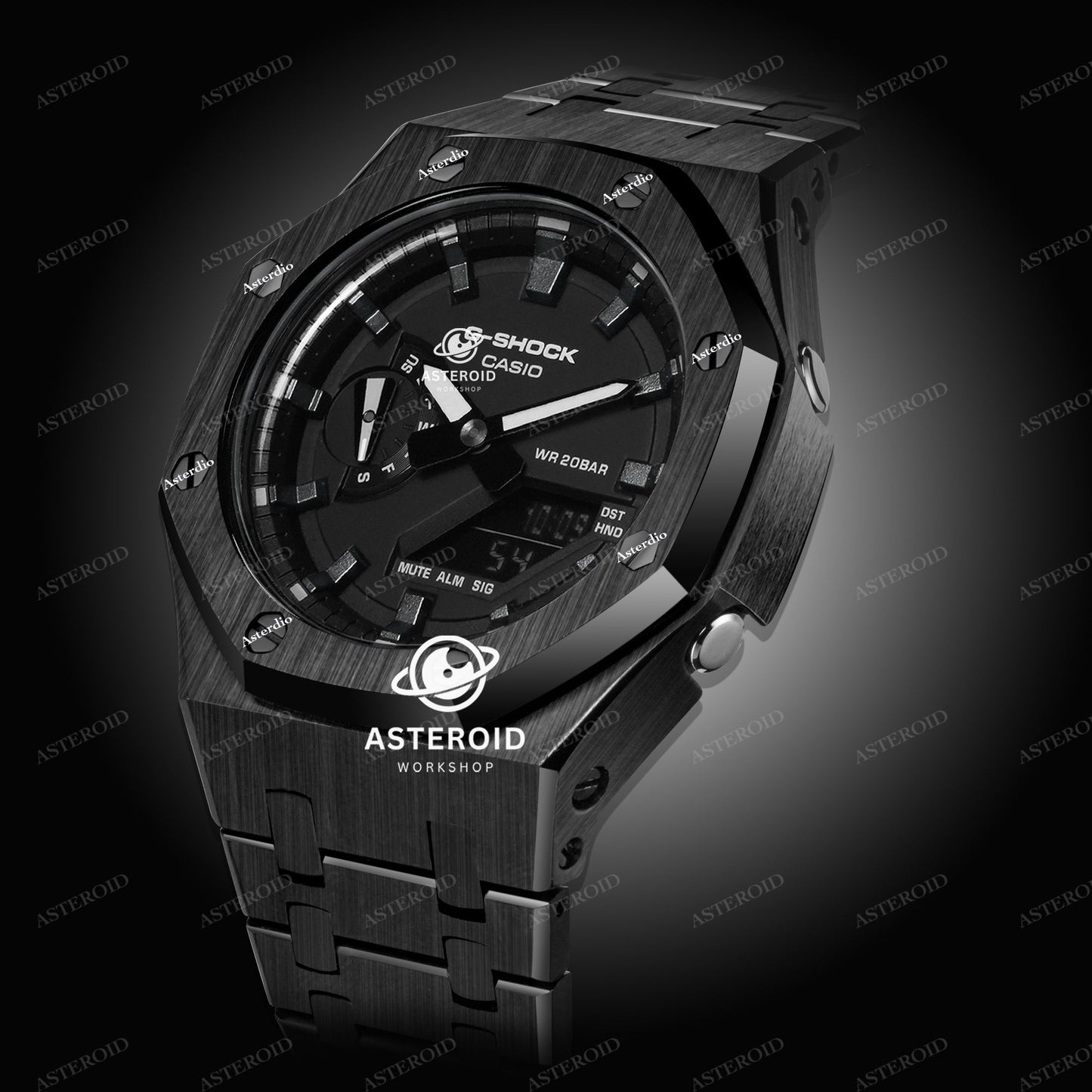 Black Case Metal Strap Meteorite Time Mark Black Dial