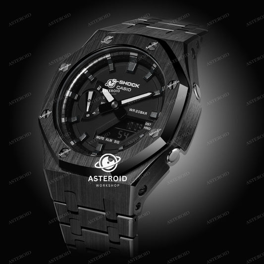 Black Case Metal Strap Meteorite Time Mark Black Dial