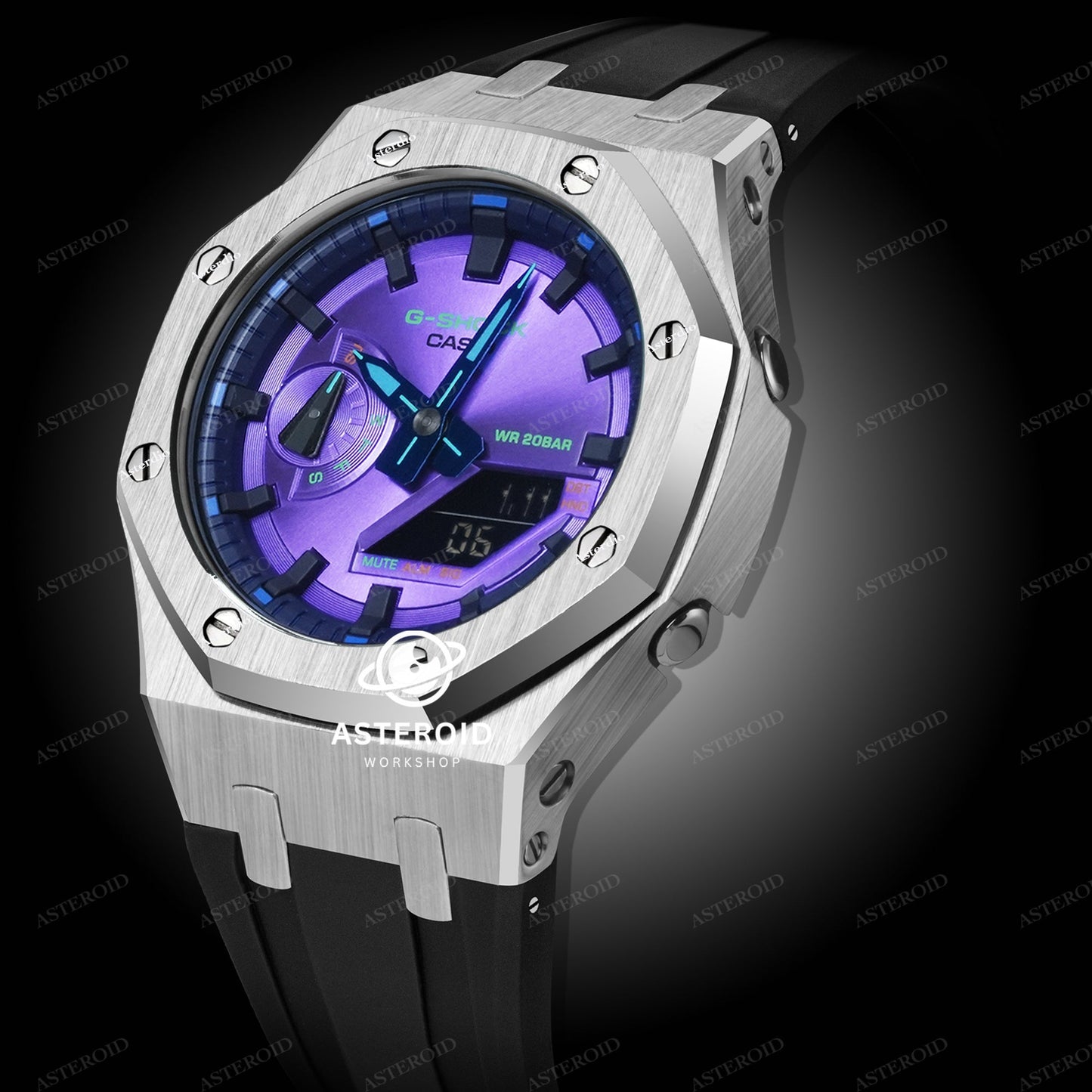 Silver Case Black Strap Original Time Mark Purple Dial