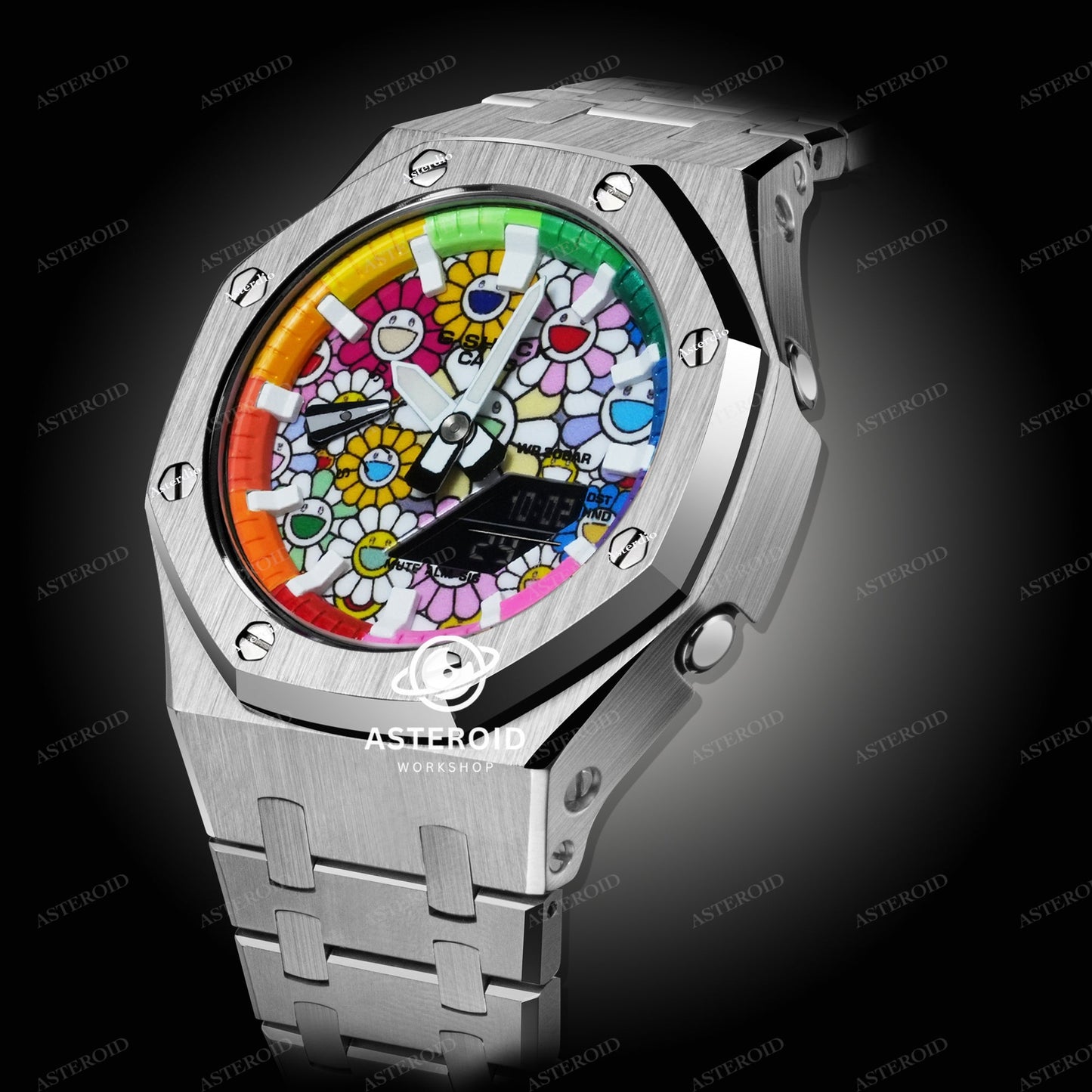 Silver Case Metal Strap Rainbow White Time Mark Takashi Murakami Dial