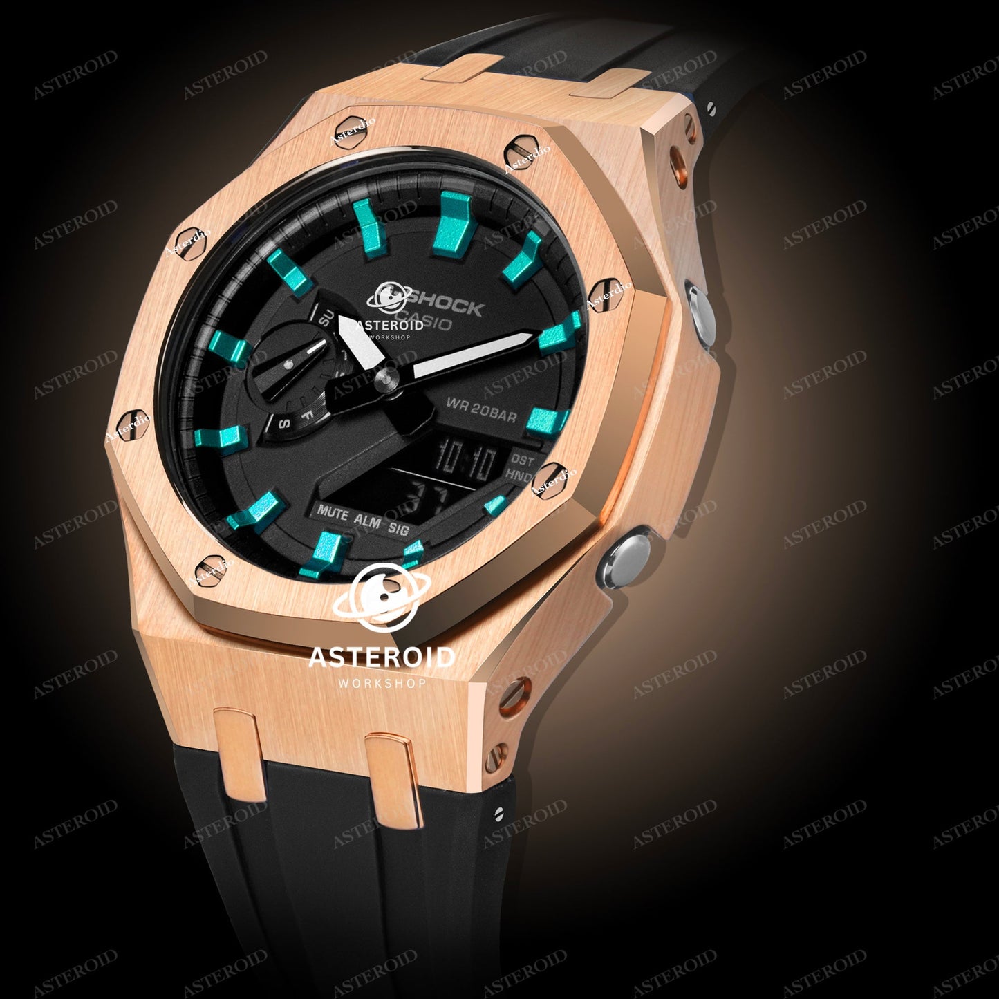 Rose Gold Case Rubber Strap Turquoise Time Mark Black Dial