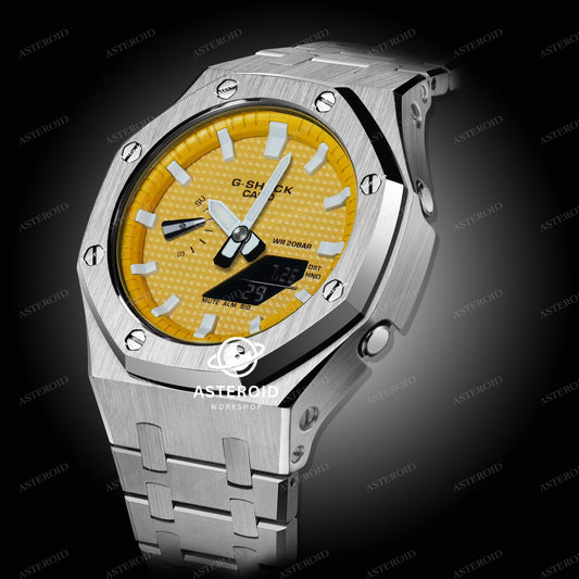 Silver Case Metal Strap Yellow White Time Mark Yellow Dial