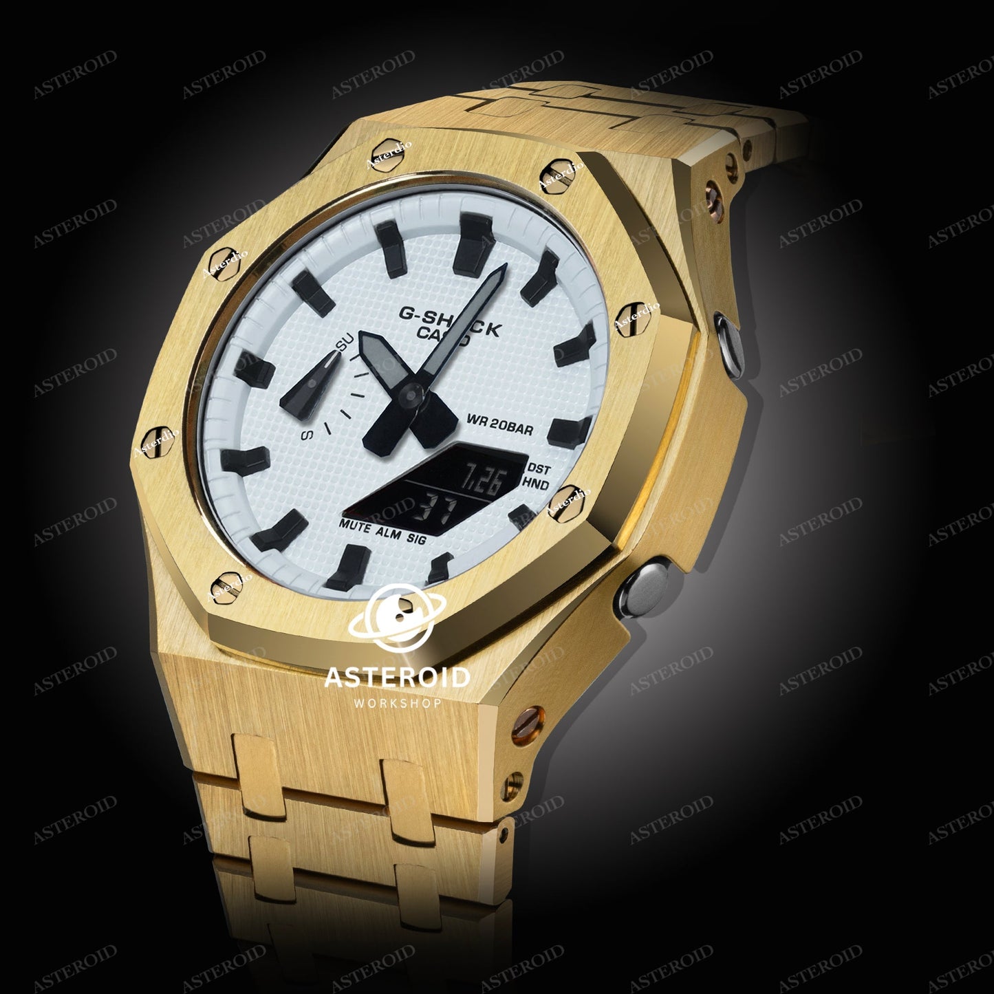 Gold Case Metal Strap White Black Time Mark White Dial