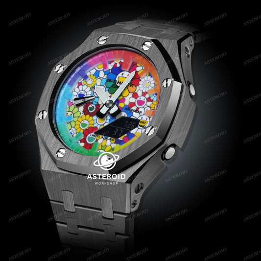 Grey Case Metal Strap Rainbow Time Mark Takashi Murakami Dial