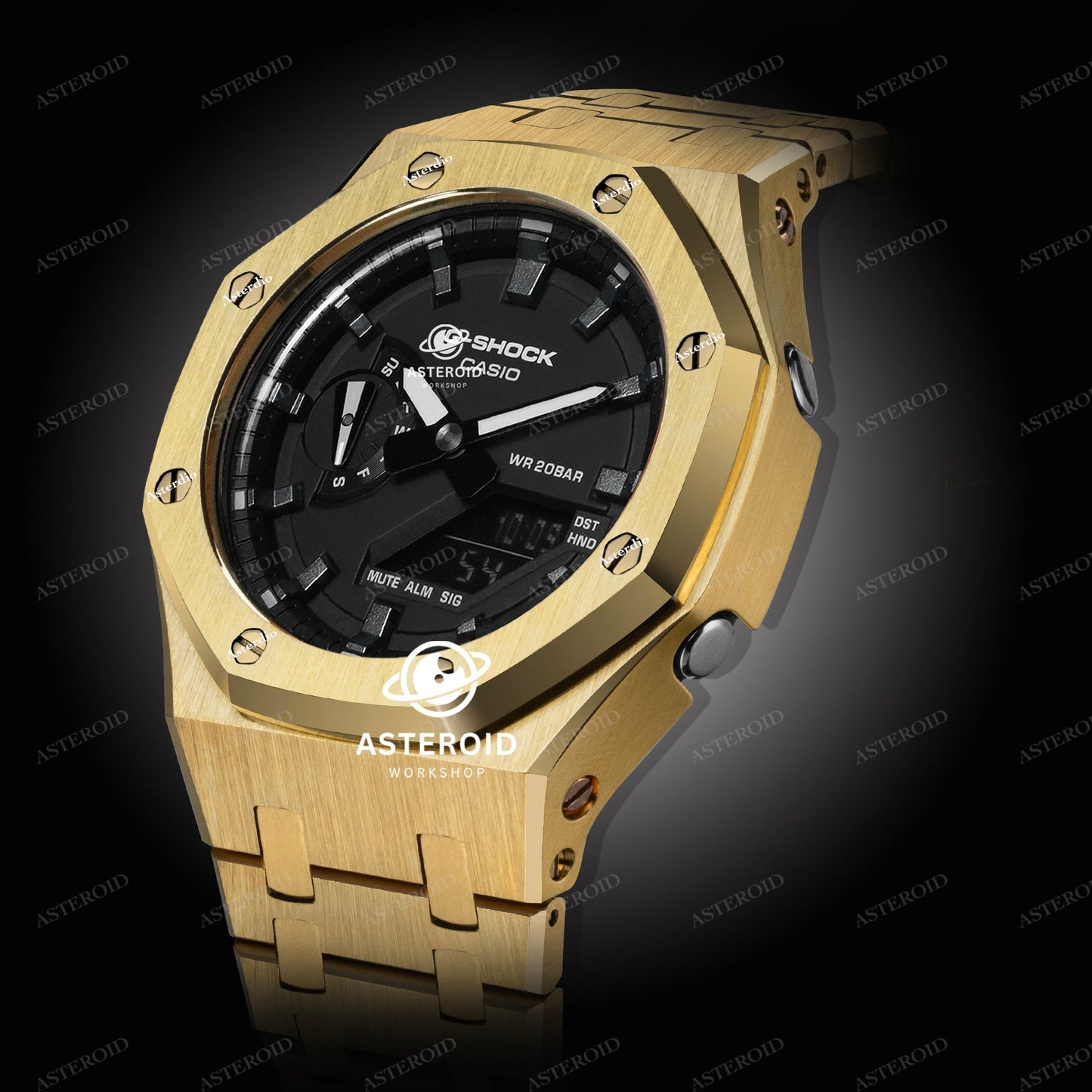 Gold Case Metal Strap Meteorite Time Mark Black Dial