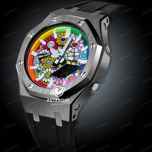 Grey Case Rubber Strap Rainbow White Time Mark Takashi Murakami Dial